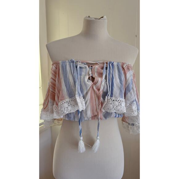 Ocean Drive Blue/Peach Off Shoulder Top Sz M - Picture 1 of 7